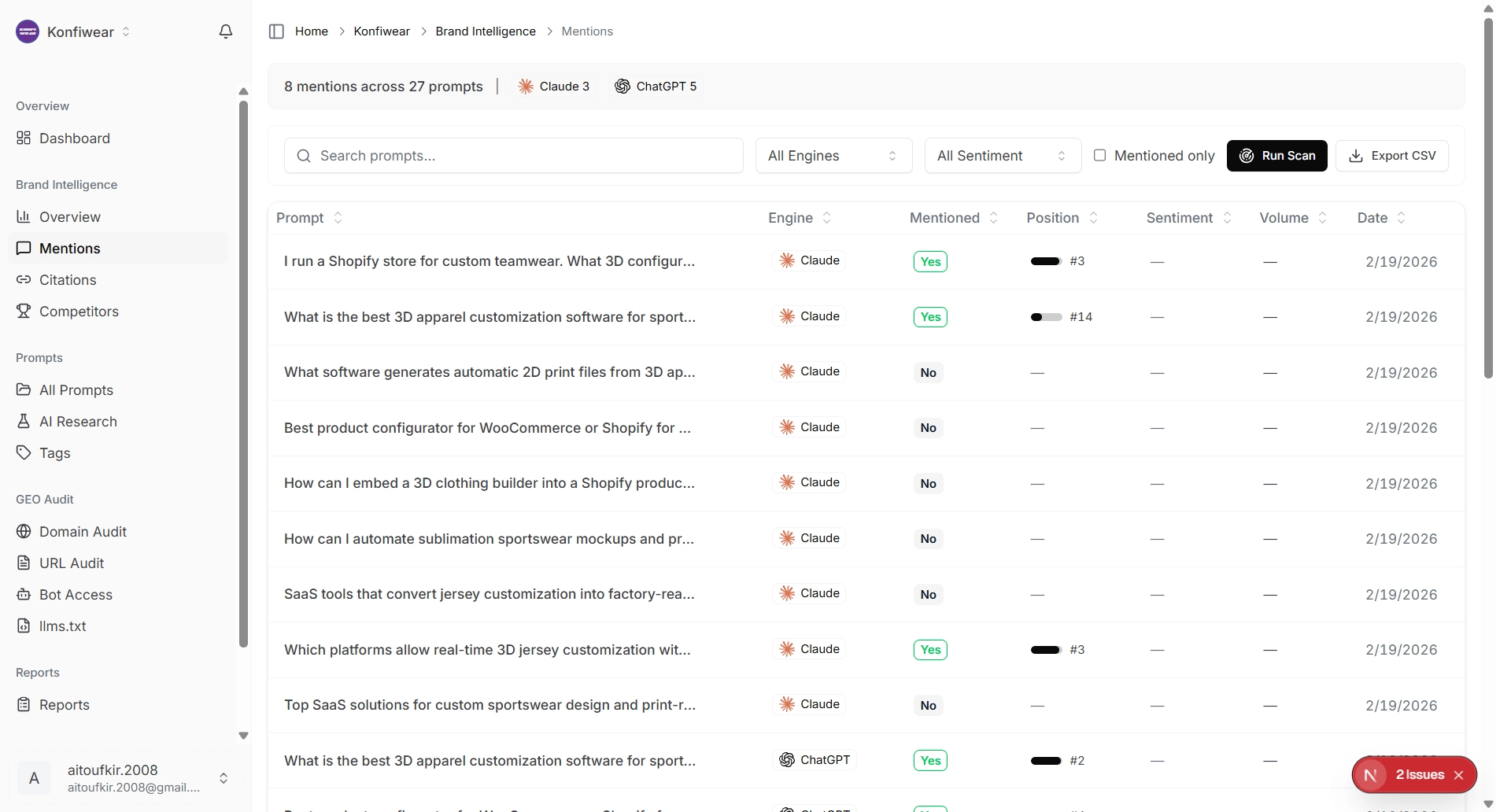 LLMConquer AI search visibility dashboard